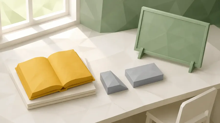 Low-Poly-Illustration mit amberfarbenem Lernbuch und Lernpfad für Bildung und Befähigung