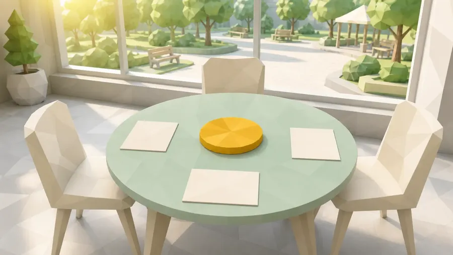 Low-Poly-Illustration eines gemeinsamen Tisches mit amberfarbenem Verbindungsobjekt für soziales Zusammenleben
