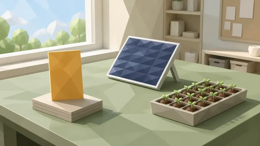 Low-Poly-Illustration mit Solarpanel, Setzlingen und amberfarbener Ideenkarte für Umwelt und Ressourcen
