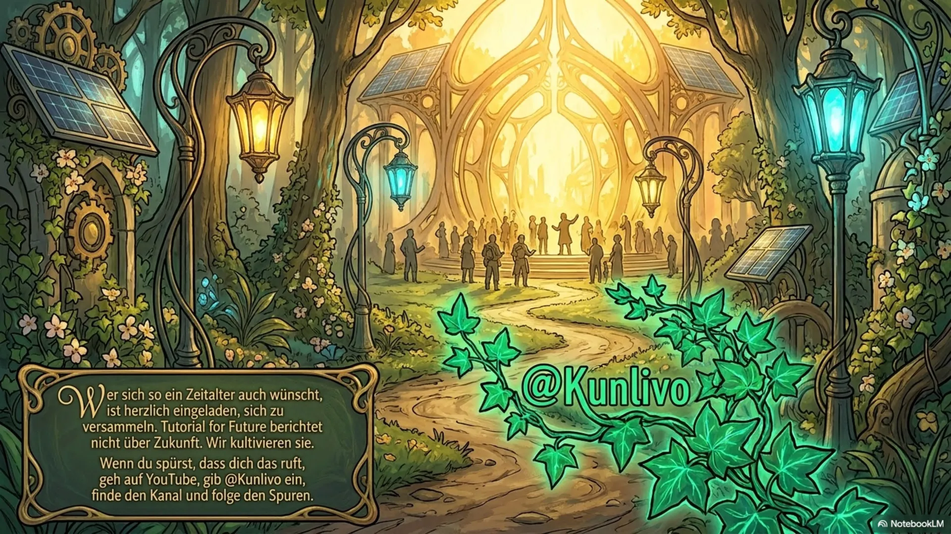 Illustrative Zukunftslandschaft von Kunlivo mit einer Gemeinschaft in einem leuchtenden, begrünten Raum und dem Schriftzug @Kunlivo.