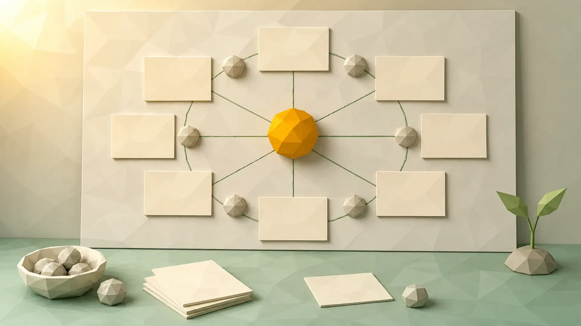 Low-Poly-Nachhaltigkeitsboard mit verbundenen Teamkarten und einem amberfarbenen Aktionsstein in der Mitte.