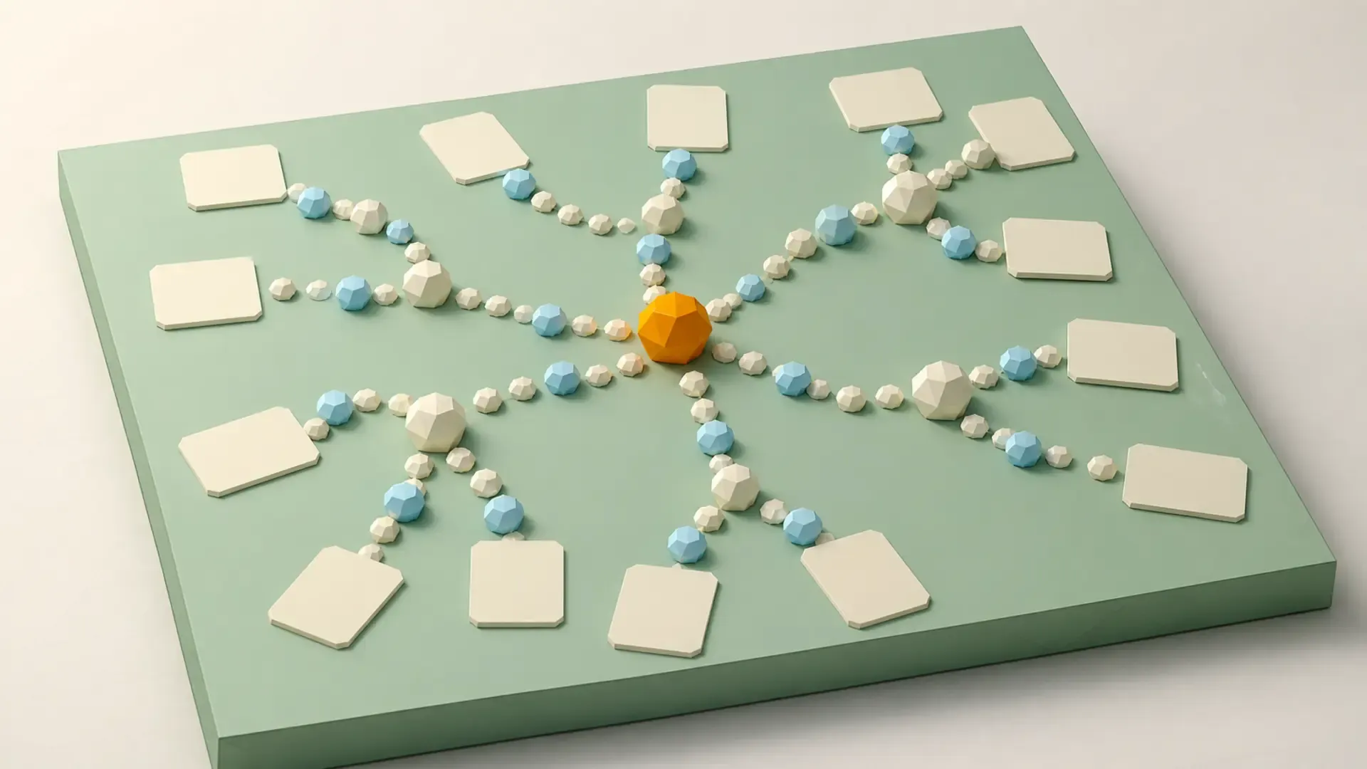Low-Poly-Spielpfad mit blanken Lernkarten und einem amberfarbenen Marker als nächstem gemeinsamen Schritt.