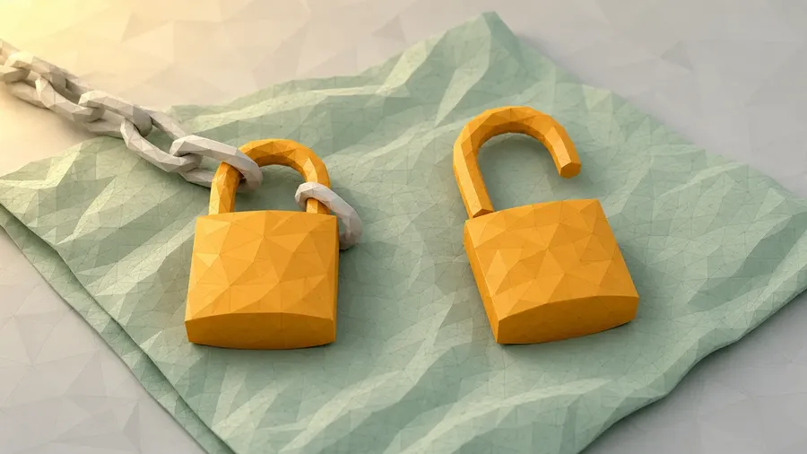 Zwei gleiche Schlösser liegen nebeneinander, das linke ist durch eine kurze Kette gesichert, das rechte liegt offen und ist farblich markiert. Ein kostenloser Cloud-Zugang hat ein Limit, ein lokales Modell kennt keins.