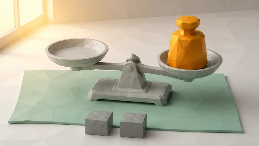 Eine facettierte Balkenwaage steht auf einem Tisch, davor liegen zwei kleine graue Riegel als K.O.-Kriterien, klar getrennt von der Waage selbst. Auf einer Waagschale liegt ein einzelnes amberfarbenes Gewichtsstück. Erst wenn die beiden Riegel passiert sind, kommt ein Werkzeug überhaupt auf die Waage.