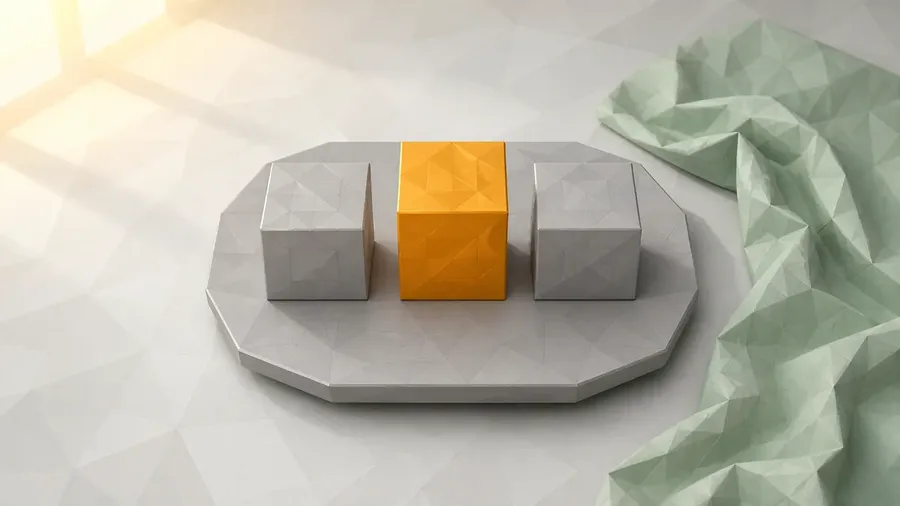 Drei gleich große, facettierte Gewichtsstücke stehen auf einer flachen Waagschale in einer Reihe, das mittlere ist amberfarben und leicht erhöht. Drei Kriterien zählen mit gleichem Höchstwert, aber sie ergeben erst zusammen eine Punktsumme.