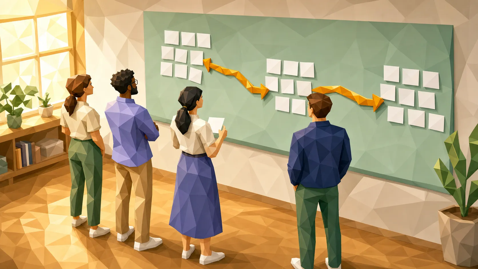 Team am Projektboard mit mehreren Projekt-Clustern und goldenem Verbindungspfad