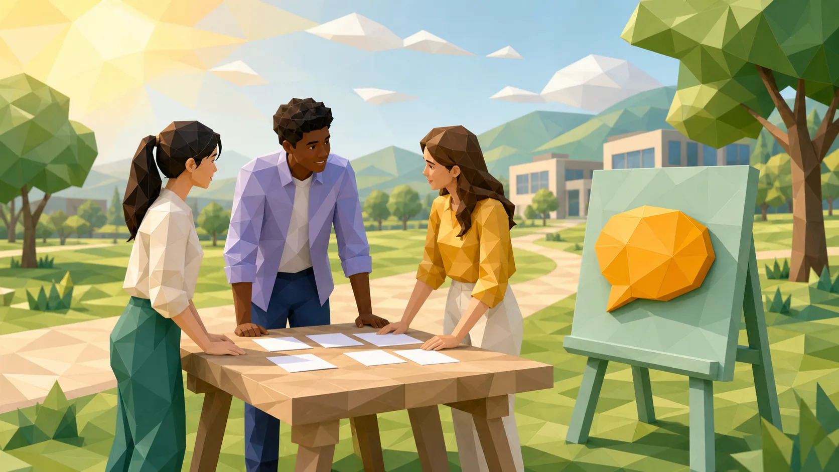 Drei Menschen planen gemeinsam an einem Tisch im Park — Community von Quandes Projects