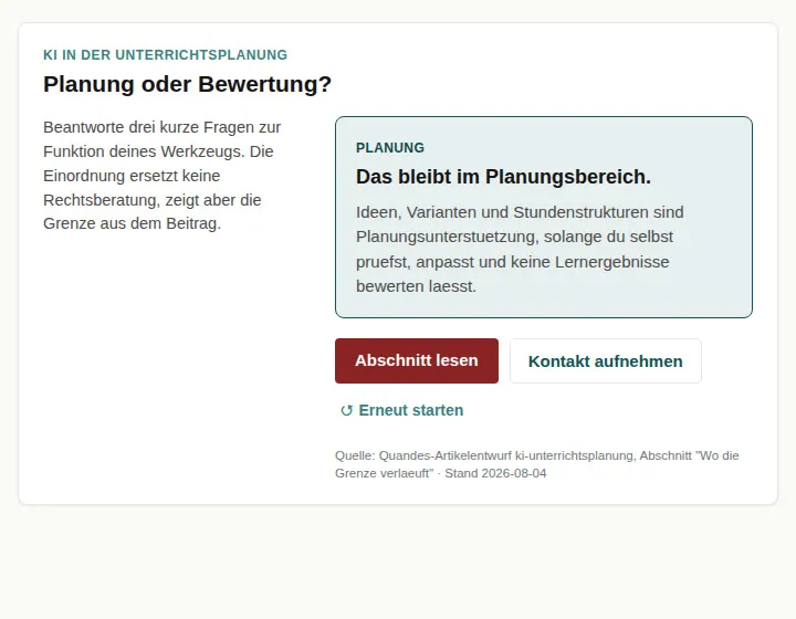 Interaktiver Entscheidungsbaum mit drei Ja-Nein-Fragen, der ein KI-Werkzeug für den Unterricht als Planung, Bewertung oder prüfbedürftigen Grenzfall einordnet.