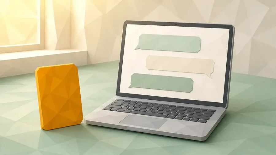 Low-Poly-Illustration eines Laptops mit abstrahierten Chat-Nachrichten und einer goldenen Gesprächskarte